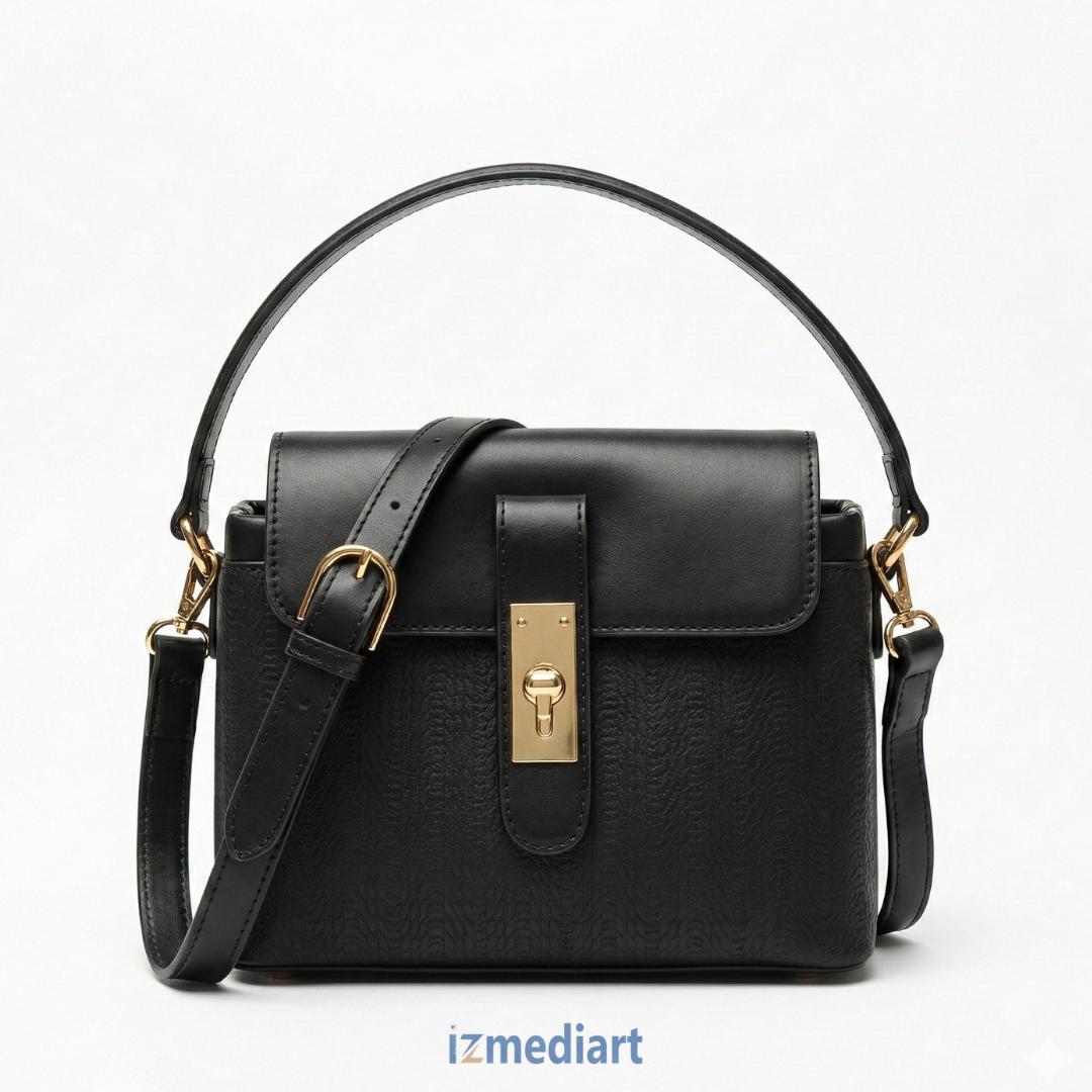 Luxury Black Textured Leather Box Bag – Classic Hand & Shoulder Bag with Gold Turn-Lock