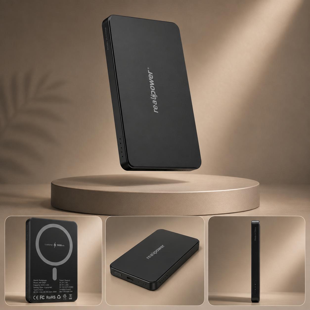 R Mag Air 5000mAh MagSafe Power Bank – 20W Fast Charging with Charging Cable | Blackk