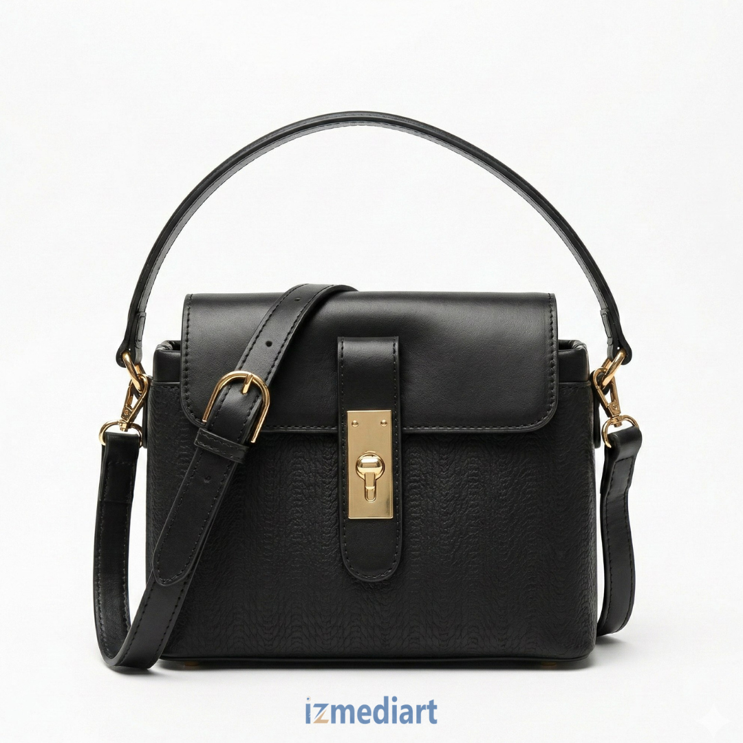 Luxury Black Textured Leather Box Bag – Classic Hand & Shoulder Bag with Gold Turn-Lock
